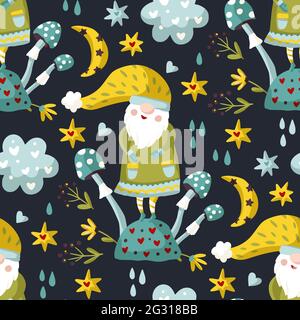 Niedliche Cartoon Gnome nahtlose Muster mit Pilz, skandinavischen nordischen Urlaub Hintergrund Tapete. Lustige Druckfigur, fröhliche Weihnachten Illustration. Stock Vektor