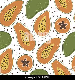 Cartoon Papaya Sommer Frucht nahtlose Muster Hintergrund. Niedliche süße Lebensmittel frische Natur Kinder Tapete Design. Vektorgrafik. Stock Vektor