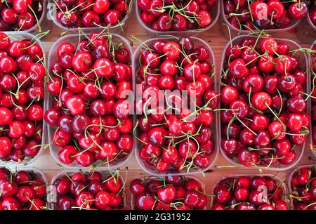 Viele fröhliche Beeren auf dem Stand zum Verkauf Sommer Früchte Muster Stockfoto