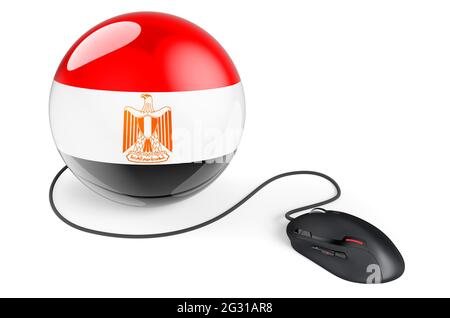 Computermaus mit ägyptischer Flagge. Internet-Netzwerk in Ägypten Konzept. 3D-Rendering auf weißem Hintergrund isoliert Stockfoto