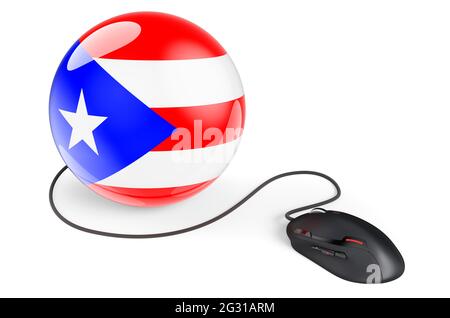 Computermaus mit Puerto-ricanischer Flagge. Internet-Netzwerk in Puerto Rico Konzept. 3D-Rendering auf weißem Hintergrund isoliert Stockfoto