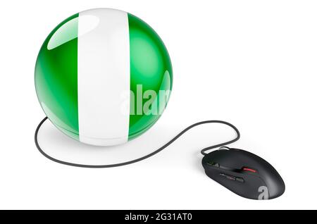 Computermaus mit nigianischer Flagge. Internet-Netzwerk in Nigeria Konzept. 3D-Rendering auf weißem Hintergrund isoliert Stockfoto