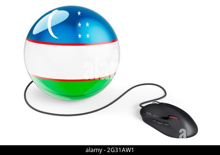 Computermaus mit usbekischer Flagge. Internet-Netzwerk in Usbekistan Konzept. 3D-Rendering auf weißem Hintergrund isoliert Stockfoto