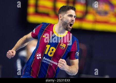 Köln, Deutschland. Juni 2021. Handball: Champions League, FC Barcelona - Aalborg HB, Finalrunde, Final Four, Finale in der Lanxess Arena. Der Barceloners Blaz Janc jubelt, nachdem er ein Tor erzielt hat. Quelle: Marius Becker/dpa/Alamy Live News Stockfoto