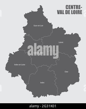 Centre-Val de Loire Verwaltungskarte in Abteilungen mit Etiketten, Frankreich unterteilt Stock Vektor