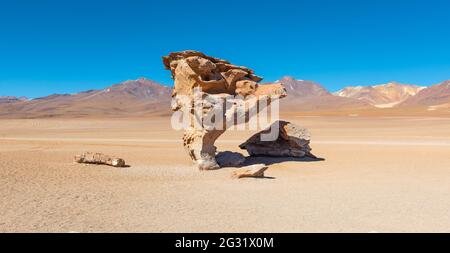 Steinbaum (arbol de piedra) Panorama in der Siloli-Wüste, Uyuni-Salzflachland, Bolivien. Stockfoto