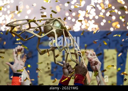 Köln, Deutschland. Juni 2021. Handball: Champions League, FC Barcelona - Aalborg HB, Finalrunde, Finale vier, Finale in der Lanxess Arena. Die Spieler von Barcelona jubeln mit dem Pokal. Quelle: Marius Becker/dpa/Alamy Live News Stockfoto