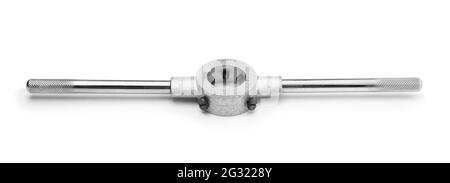 Metallhalter mit Rundgewinde, isoliert auf Weiß. Stockfoto