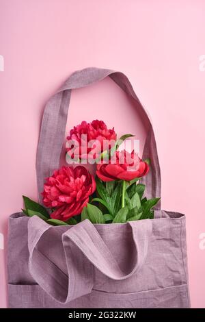 Schöner Blumenstrauß aus roten Pfingstrosen in Bio-Baumwolltasche auf rosa Hintergrund, Draufsicht, Kopierraum, flach liegend. Valentinstag, Muttertag backgroun Stockfoto