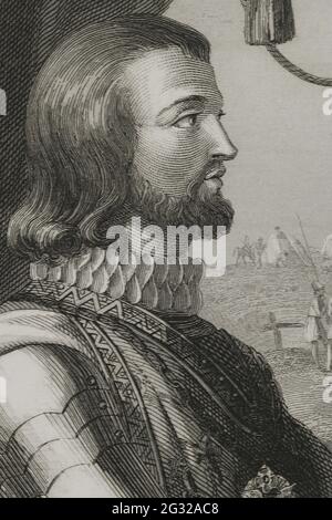 Johannes I. von Kastilien (1358-1390). König von Kastilien von 1379 bis 1390. Porträt, Detail. Stich von Antonio Roca. Las Glorias Nacionales, 1853. Stockfoto