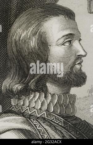Johannes I. von Kastilien (1358-1390). König von Kastilien von 1379 bis 1390. Porträt, Detail. Stich von Antonio Roca. Las Glorias Nacionales, 1853. Stockfoto