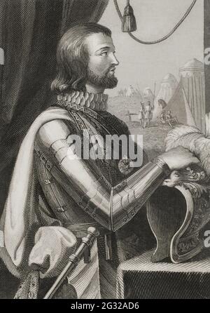 Johannes I. von Kastilien (1358-1390). König von Kastilien von 1379 bis 1390. Hochformat. Stich von Antonio Roca. Las Glorias Nacionales, 1853. Stockfoto