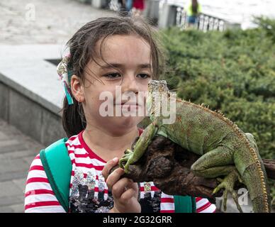 Dnepropetrovsk, Ukraine - 06.12.2021: Ein junges Mädchen hält einen grünen Leguan in den Armen. Emotionen eines Kindes beim Anblick eines Reptils. Stockfoto