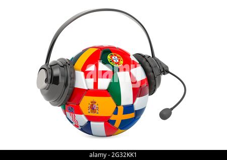Fußball Kommentare Konzept. Fußball mit Headset oder Kopfhörer 3D-Rendering isoliert auf weißem Hintergrund Stockfoto
