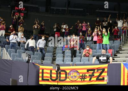 Köln, Deutschland . Juni 2021. Fans des FC Barcelona während der EHF Champions League, des Final4, des Finalspieles zwischen dem FC Barcelona und Aalborg Handbold am 13. Juni 2021 in der Lanxess-Arena in Köln - Foto Laurent Lairys/Panoramic/DPPI Credit: DPPI Media/Alamy Live News Stockfoto