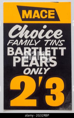 Vinatge 60s Shop Werbung Preis Display Card - Bartlett Pears Stockfoto