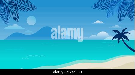 Sommerlicher Spaß Konzept Design. Kreativer Hintergrund der Landschaft, sonniges Panorama von Meer und Strand. Sommerverkauf, Post-Vorlage Stock Vektor