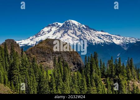 Mount Rainier vom High Rock Lookout Trail aus gesehen, Gifford Pinchot National Forest, Washington State, USA Stockfoto