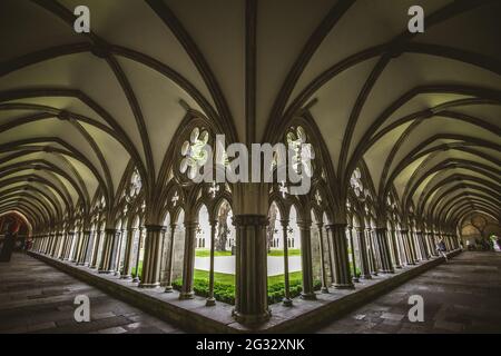 Der Kreuzgang der majestätischen Salisbury Cathedral in Salisbury, England Stockfoto