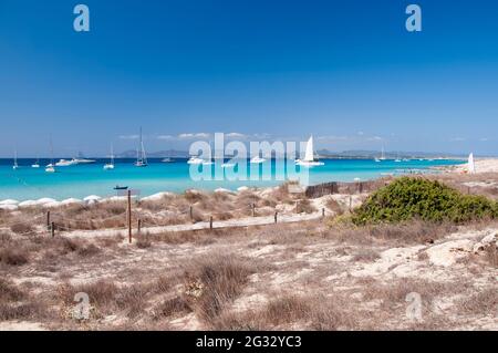 Luxusboote ankern in der Nähe des Strandes von Ses Illetas. Wilder Strand auf der Insel Formentera, Spanien Stockfoto