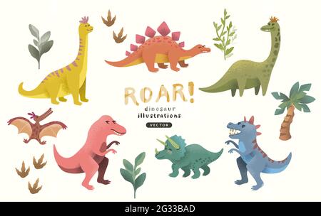 Eine Sammlung von niedlichen und bunten glücklich Dinosaurier Charakter Dekorationen. Vektorgrafik. Stock Vektor