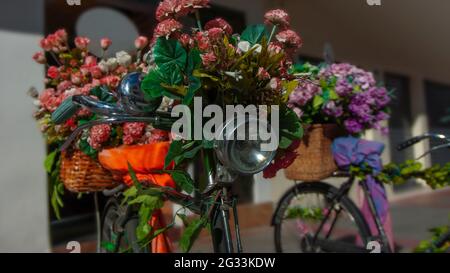 Alte Metallfahrräder mit roten, weißen und violetten Blumen, die auf der Straße geparkt sind Stockfoto