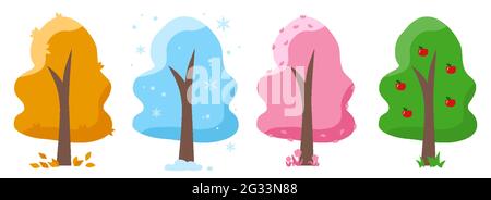 Bäume Winter Herbst Frühling Sommer. Dekorativer Baum mit Blättern, Schnee, rosa Blüten, Früchten, roten Äpfeln. Vier abstrakte Jahreszeiten festgelegt. Banner, Poster, Logo, Werbung. Scrapbooking Stock Vektor