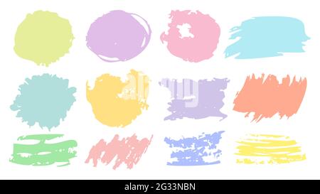 Farbset für Pinselstrich. Pinsel, Tinte, Farben. Handgezeichneter Vektor. Runde, quadratische Striche. Grunge-Textur. Pastellfarbe auf weißem Hintergrund. Blots, Linien, Flecken und Spritzer. Für Textrahmen. Stock Vektor