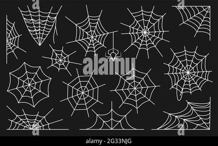 Spiderweb Flat Vector Set. Web-Symbole weiße Umrisse, einfache dünne Linie isoliert auf schwarzem Hintergrund. Kleine Spinne. Halloween Dekoration mit Spinnennetz. Ganze Formen, eckig, halb, Teil der Form Stock Vektor