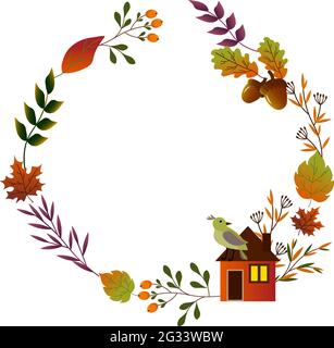 Runder Rahmen mit Herbstblättern und roten Beeren. Hallo, Herbst. Stock Vektor