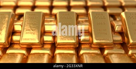 Finanz-, Geschäfts-, Bank- und Investment-Gold 3d-Rendering-Hintergrund aus glänzenden reinen Goldbarren und Barren. Schatz und Luxus Illustration für w Stockfoto