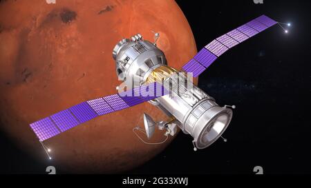 Mars Exploration Program. Raumschiff auf der Mars-Umlaufbahn. 3d-Rendering Stockfoto