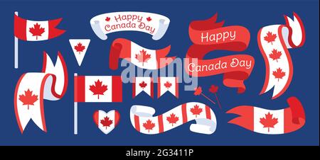 Band und Flagge Happy Canada Day Flat Set. Band mit Ahornblatt, Patriotismus-Herz, Etikett, Wimpelgirlande. Zelebrierungsset im rot-weißen kanadischen Patriot-Design. Nationale Vektordarstellung Stock Vektor