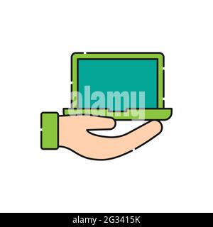 Laptop mit Handsymbol Vector Design. Laptop-Symbol mit Handgestendesign-Konzept für E-Commerce, Online-Shop und Marktplatz-Website, Handy, Logo, Stock Vektor