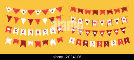 Girlande-Flagge Kanada Tag flaches Set. Kanadische Feier Party hängen Fahnen rot und weiß Ahornblatt. Dekorative patriotische Festoon Happy Canada Day Festival. Isolierter Vektor Stock Vektor