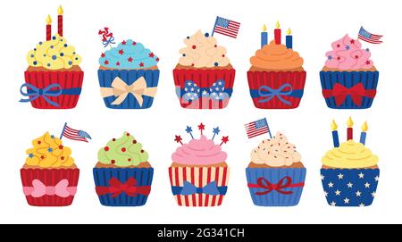 Cupcake American Independence Day farbige flache Set. USA Süßigkeiten Lebensmittel Cartoon Kuchen mit Symbol Amerika. Patriotischer Muffin am 4. Juli glücklicher Unabhängigkeitstag. Flacher Urlaub Feiern Vektor Dessert Stock Vektor
