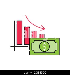 Symbolvektor für das Gelddiagramm. Geldstatistik mit Chart-Balken wächst der steigende und fallende Dollar Vektor-Design-Konzept für Zahlung, Finanzen, Währung und Trad Stock Vektor
