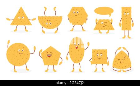 Niedliche lustige Emoji Weizen Biskuit Icons Set. Doodle Frühstück Snack, Cracker in flacher Cartoon-Stil. Leckere Kekse mit Augen und Händen. Gebäck Cracker für Poster isoliert auf weißen Vektor-Illustration Stock Vektor