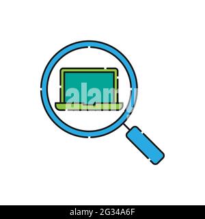 Symbol für die Laptopsuche Vektordesign. Laptop-Symbol mit Suchkonzept für Smartphone, E-Commerce, Online-Shop und Marktplatz-Website, mobil, Stock Vektor