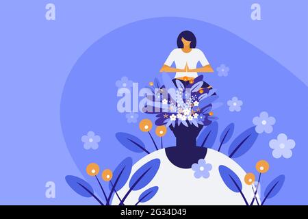 Konzeptuelle Illustration einer Frau, die auf ihrem eigenen Kopf sitzt und meditiert. Konzepte für achtsame Meditation Stock Vektor