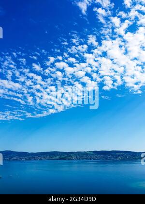 Idyllische Schweizer Landschaft, Blick auf den Zürichsee in Wollerau, Kanton Schwyz in der Schweiz, Zürichsee, Berge, blaues Wasser, Himmel als Sommernature und Stockfoto