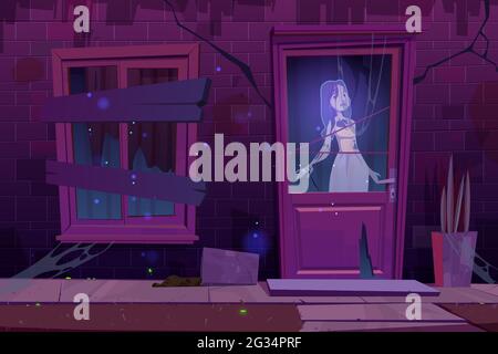 Spukhaus mit Geist stehen in der Dunkelheit hinter dem Türfenster. Beängstigend verlassene alte Gebäude außen mit toter Frau Geist innen, rissige Wand, halloween gruselige Szene. Cartoon-Vektorgrafik Stock Vektor