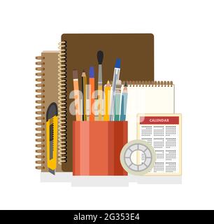 Schreibwaren. Güter für Büro, Schule und Kreativität. Isoliertes Objekt auf weißem Hintergrund. Vektor Stock Vektor
