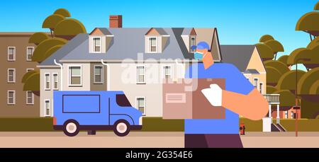 Männlicher Kurier in Maske und Handschuhen hält Karton kontaktlose Lieferung medizinischen Kurierservice Konzept Stock Vektor