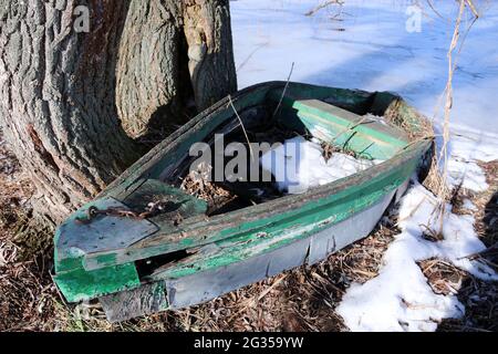 Verlassene hölzerne Ruderboot im Winter. Schilf wächst um das Boot herum. Stockfoto