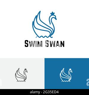 Logo „Swim Swan Crown Goose on Water Pool Line“ Stock Vektor
