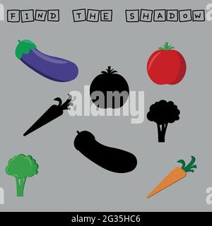 Entwicklung von Aktivitäten für Kinder, finden Sie ein Paar unter identischen Gemüse frische Tomaten, Brokkoli, Karotten, Auberginen. Logikspiel für Kinder. Stock Vektor