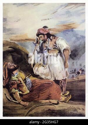 Eugène Delacroix.Combat de Giaour et du Pacha.Signé vers 1827.Lithographie sur le même thème.Aquarelle et gouache Stockfoto