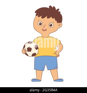 Niedlicher Junge Fußballspieler steht und hält den Ball in der Hand. Kind mit einem Fußball im flachen und Cartoon-Stil. Vektorgrafik auf Weiß Stock Vektor