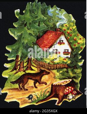 Kitschig, Hochglanzdrucke, Rotkäppchen, Wolf auf dem Weg zum Haus der Großmutter, ZUSÄTZLICHE-RIGHTS-CLEARANCE-INFO-NOT-AVAILABLE Stockfoto